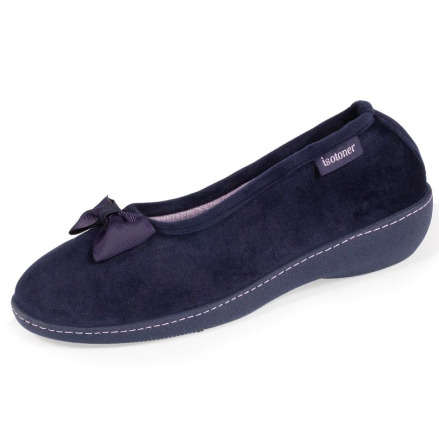 Femme Isotoner | Chaussons Ballerines Talon Femme Marine Noeud