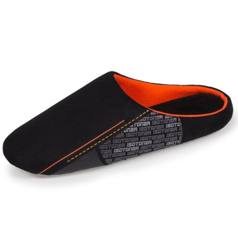 Homme Isotoner | Chaussons Mules Homme Noir Orange