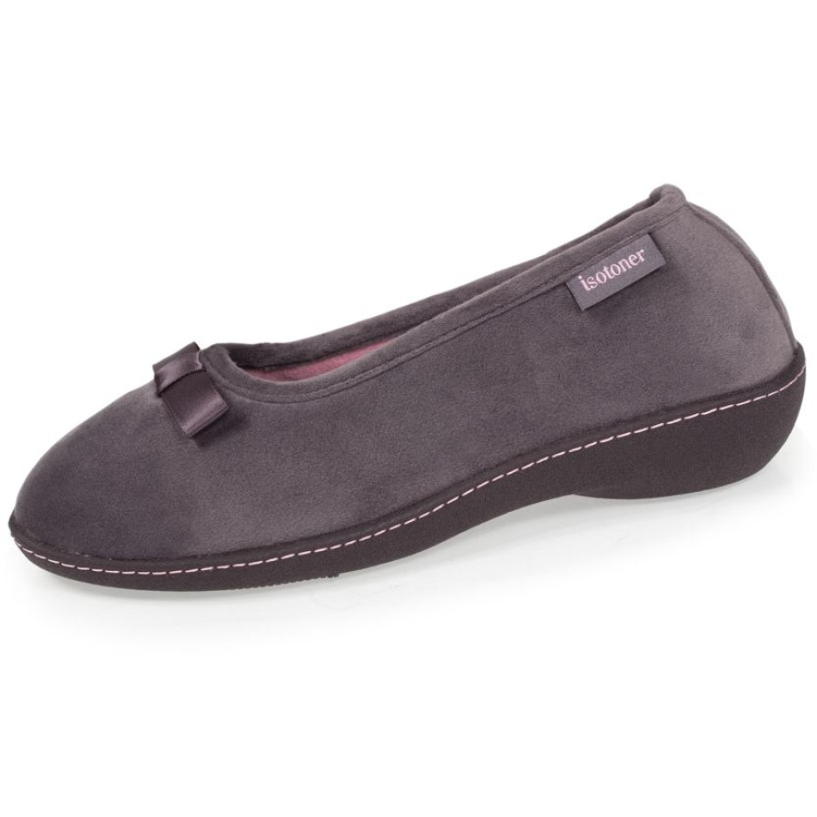 Femme Isotoner | Chaussons Ballerines Talon Femme Gris Fonce