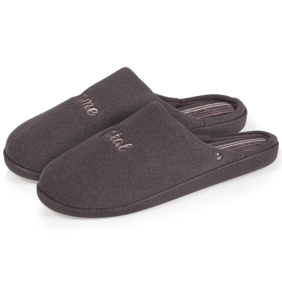 Homme Isotoner | Chaussons Mules Homme Gris Brode