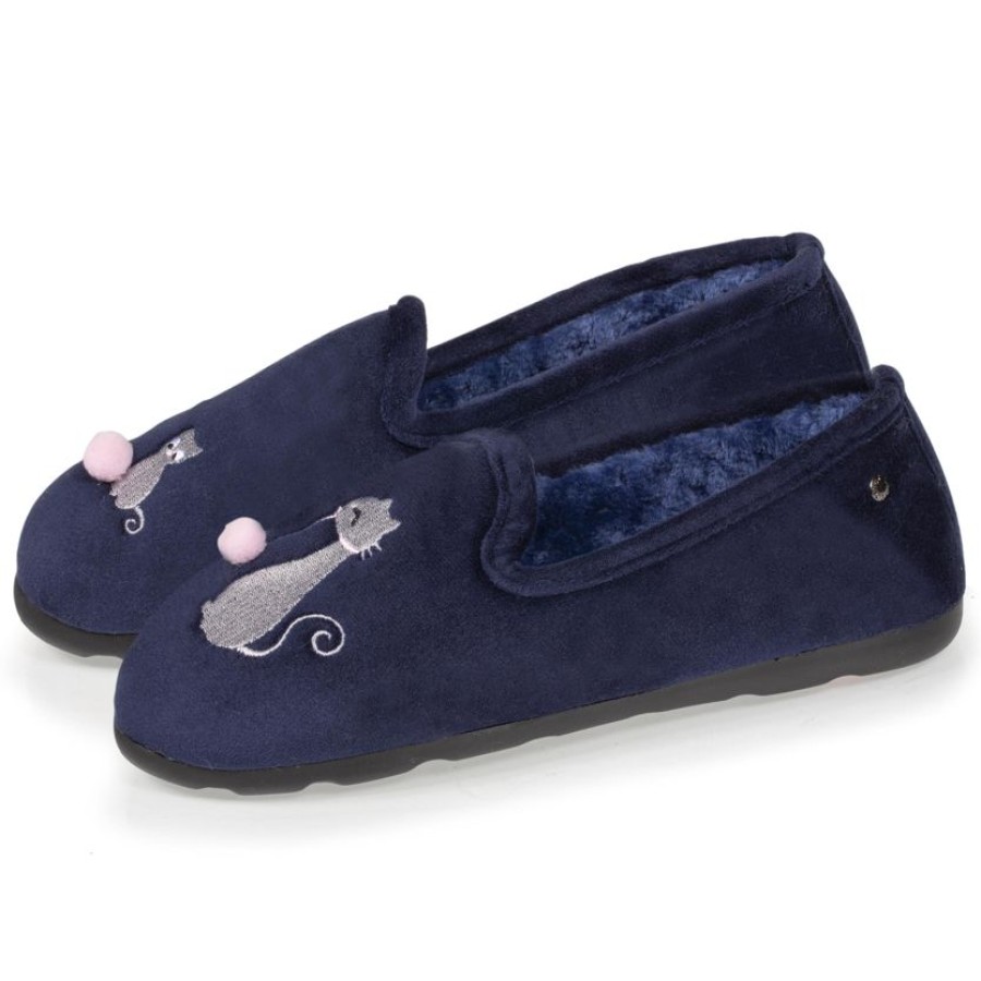 Femme Isotoner | Chaussons Charentaises Femme Marine Broderie Chat