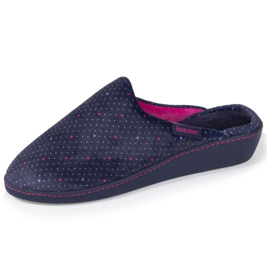 Femme Isotoner | Chaussons Mules Talon Femme Pois Bleus