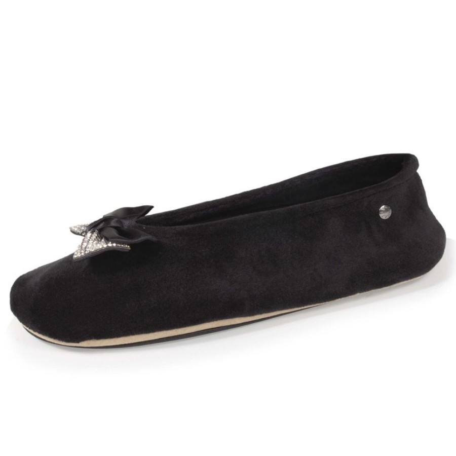 Femme Isotoner | Chaussons Ballerines Femme Noeud Bijou Noir