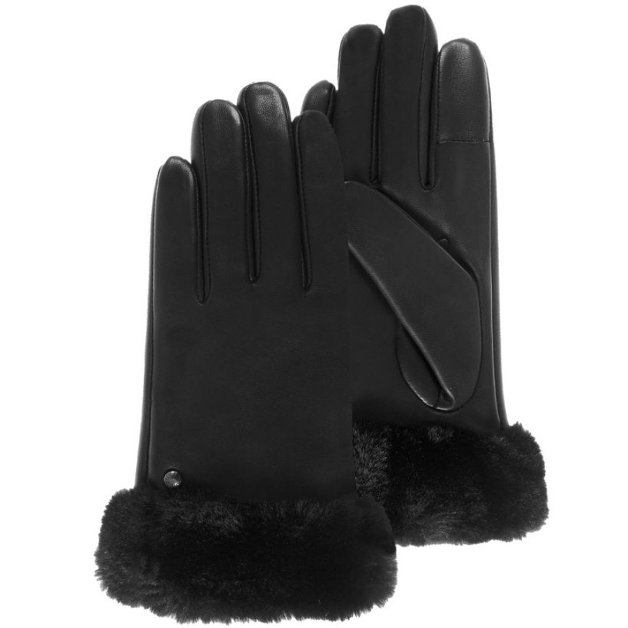 Femme Isotoner | Gants Femme Cuir Bord Fourrure Noir