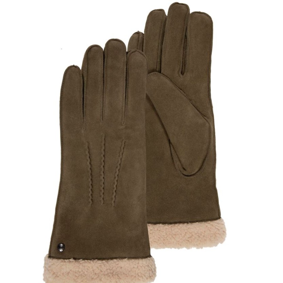 Femme Isotoner | Gants Femme Cuir Velours Fourres Olive