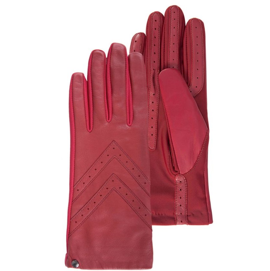 Femme Isotoner | Gants Femme Tactiles Cuir Et Tissu Rouge