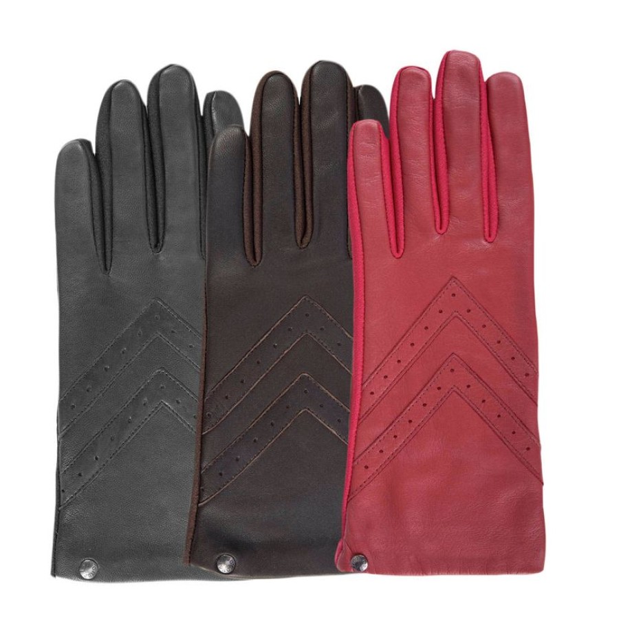 Femme Isotoner | Gants Femme Tactiles Cuir Et Tissu Rouge