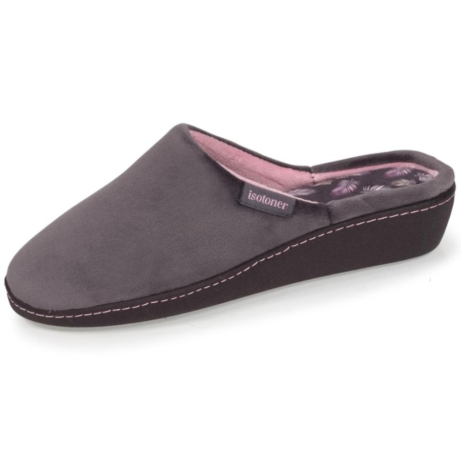 Femme Isotoner | Chaussons Mules Talon Femme Gris Fonce