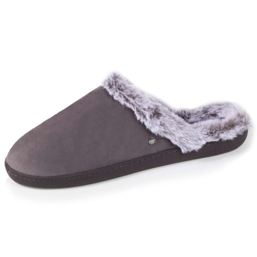 Femme Isotoner | Chaussons Mules Femme Fourrees Gris Fonce