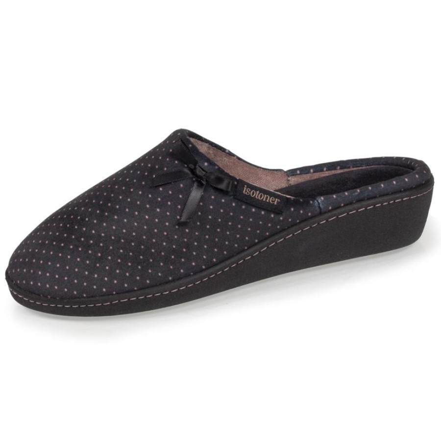 Femme Isotoner | Chaussons Mules Talon Femme Noir Pois