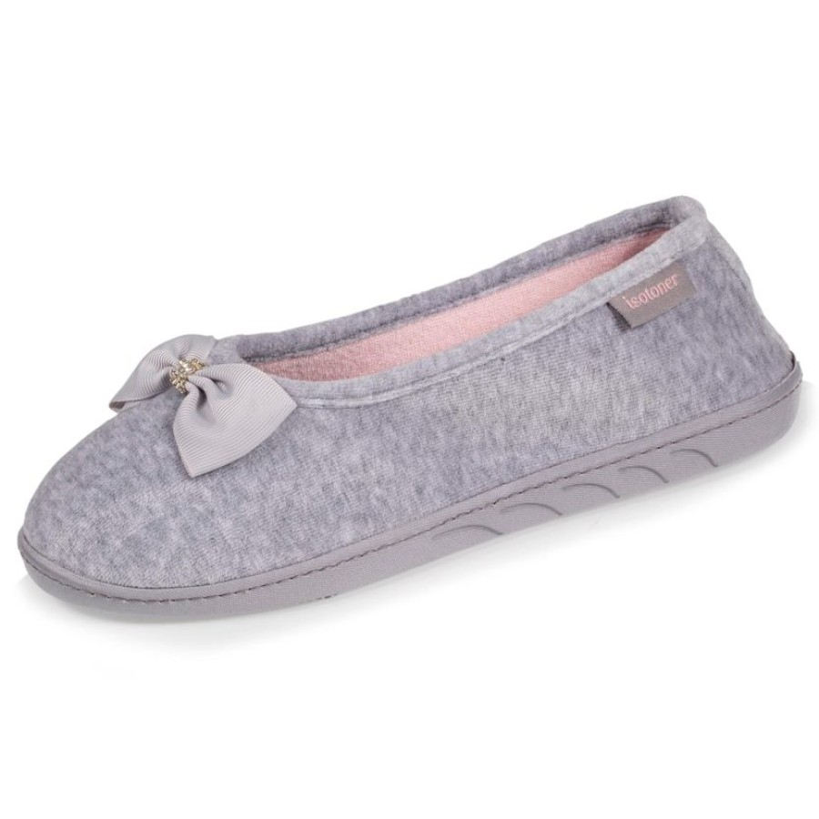 Femme Isotoner | Chaussons Ballerines Femme Gris Noeud Bijoux