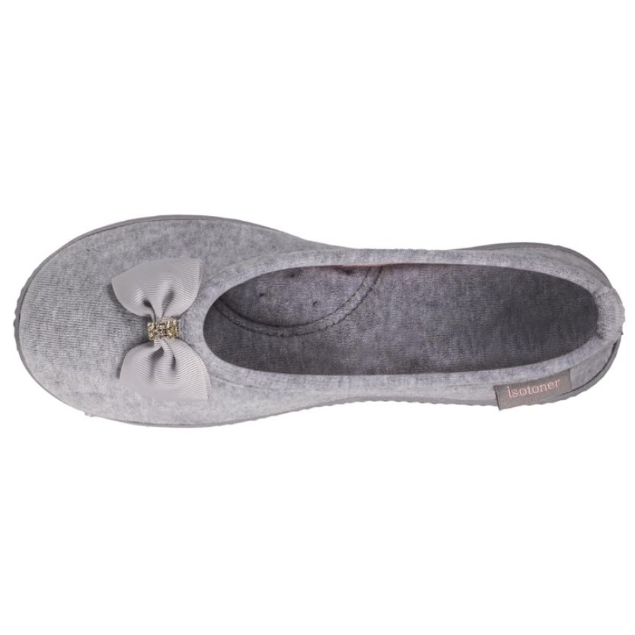 Femme Isotoner | Chaussons Ballerines Femme Gris Noeud Bijoux