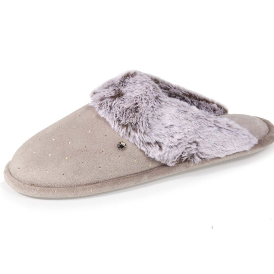 Femme Isotoner | Chaussons Mules Femme Pois Dores Taupe