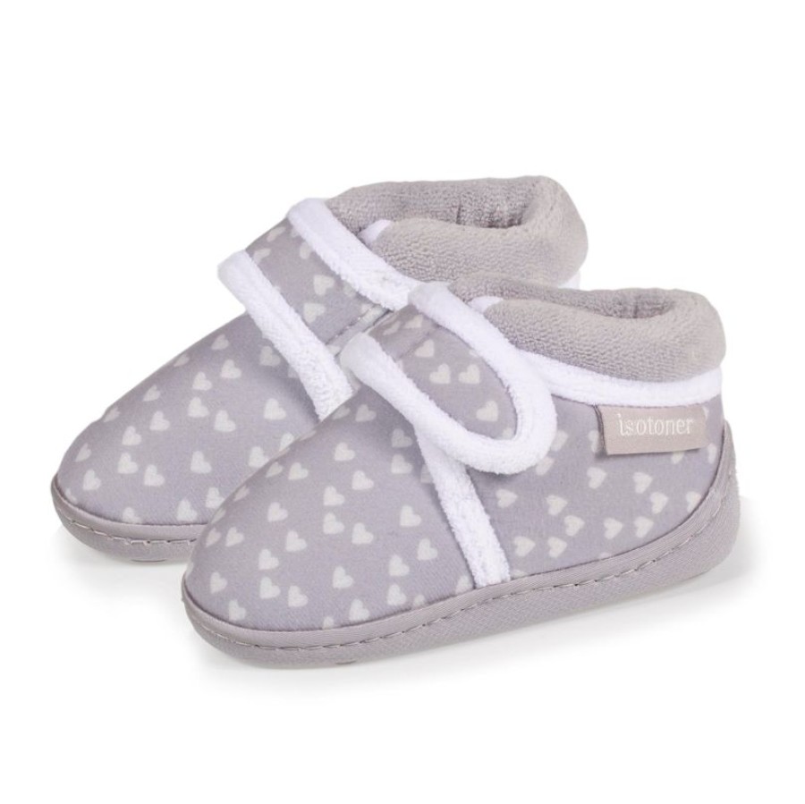 Enfant Isotoner | Chaussons Bottillons Velcro Bebe Coeurs Gris