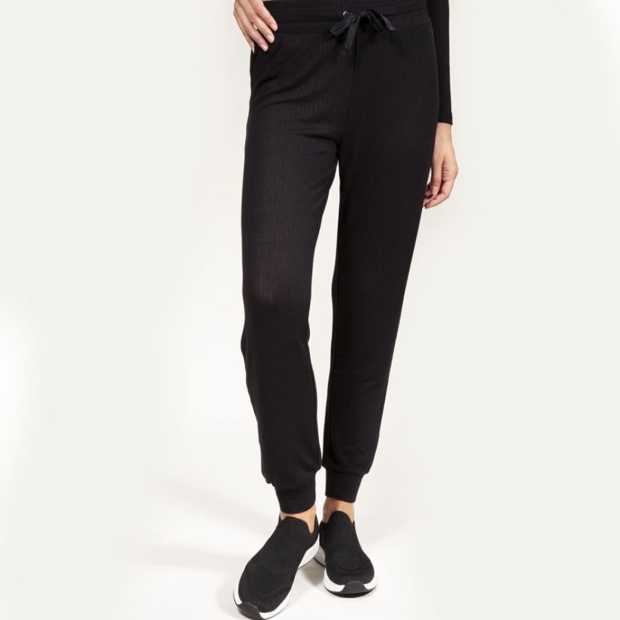 Femme Isotoner | Pantalon Jogger Femme Maille Cotelee Noir