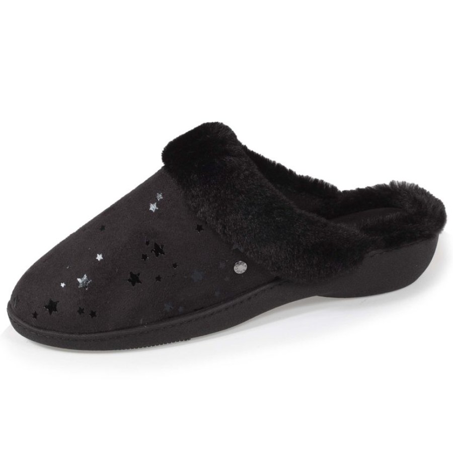 Femme Isotoner | Chaussons Mules Femme Talon Etoiles Noir