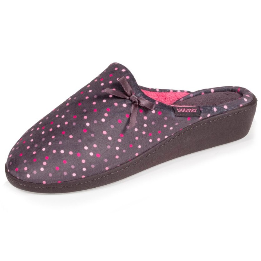 Femme Isotoner | Chaussons Mules Talon Femme Pois Noeud