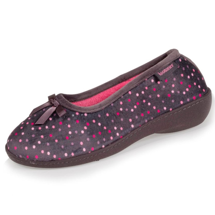 Femme Isotoner | Chaussons Ballerines Talon Femme Pois Noeud