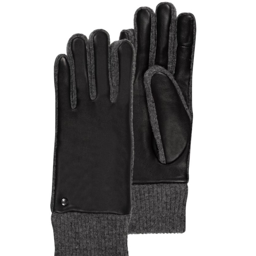 Femme Isotoner | Gants Femme Tactiles Cuir D'Agneau / Maille Noir