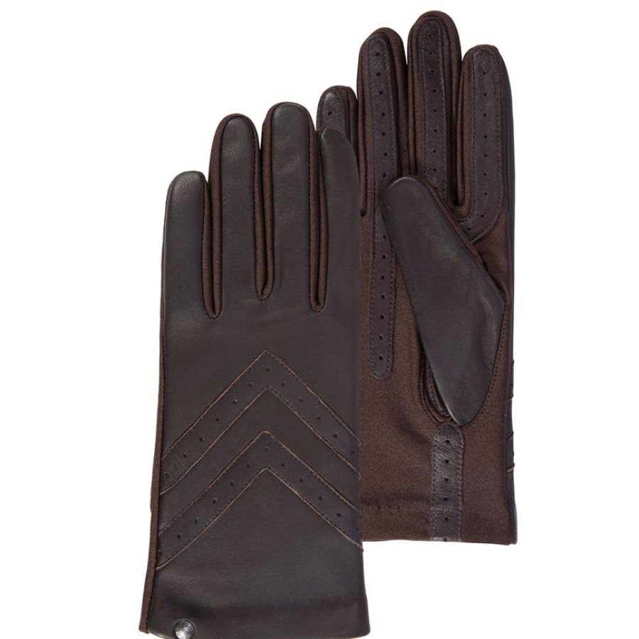 Femme Isotoner | Gants Femme Tactiles Cuir Et Tissu Marron