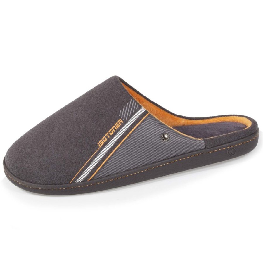 Homme Isotoner | Chaussons Mules Homme Gris Fonce Imprime