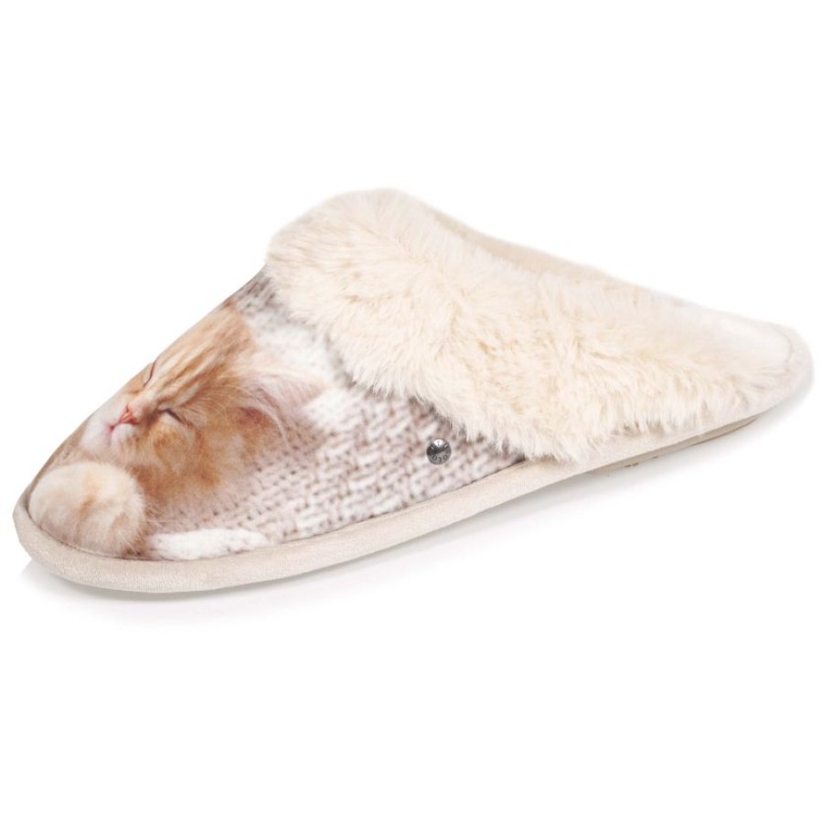 Femme Isotoner | Chaussons Mules Femme Chat Beige